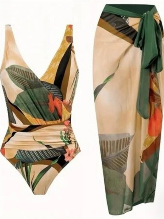 Other - Tropical Leaf Print One-Piece Swimsuit with Matching Sarong NIP Size Large